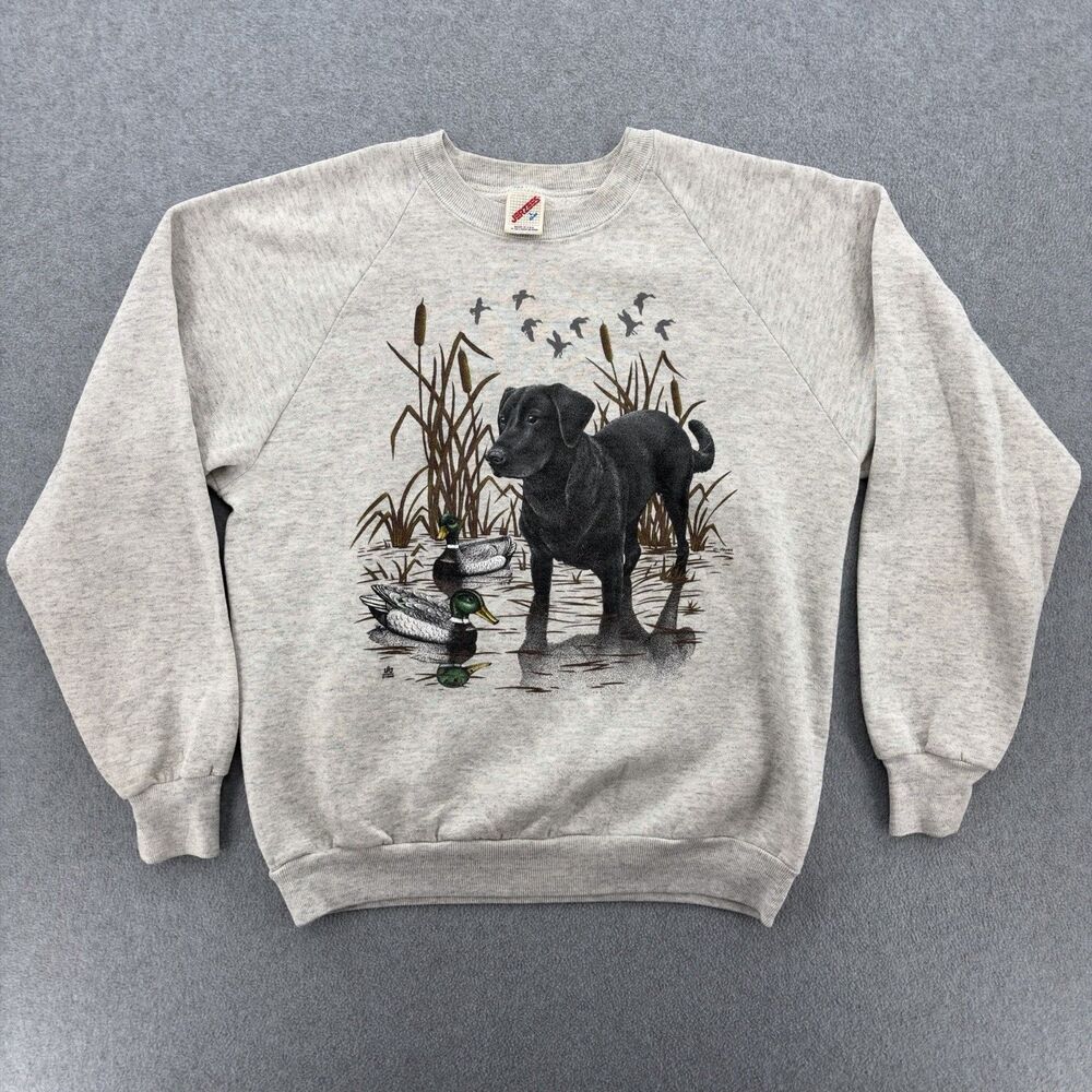 Vintage 1980s Jerzees Black Lab and Mallard Duck Hunting Crewneck Sz Large USA